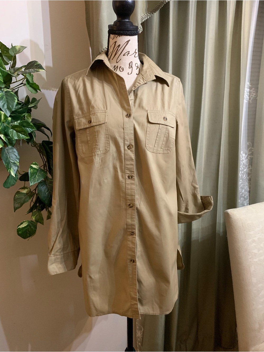 Women’s Classic Long-Sleeve Button-Down Shirt dress in Tan